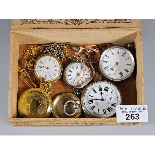 263 - Wooden box comprising assorted silver and other pocket watches: gold plated, keys, T bar watch chain... 