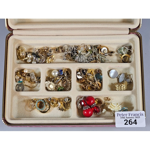 264 - Jewellery box with a collection of 9ct gold and other earrings. (B.P. 21% + VAT)