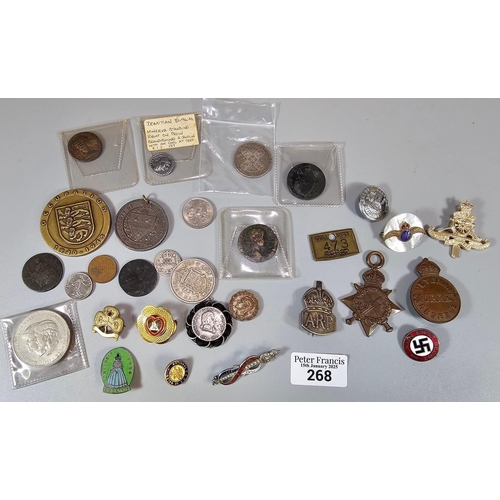 268 - Bag of militaria and oddments to include: various coinage, mother of pearl and gilt enamel RAF sweet... 