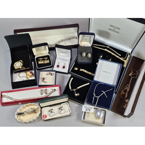 272 - Box of assorted costume jewellery to include: Brooks and Bentley necklace, bracelet and earring set,... 