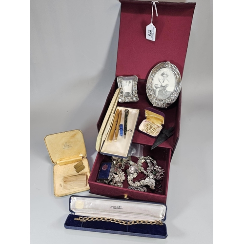 275 - Jewellery box comprising assorted jewellery including: gold plated curb-link bracelet, collection of... 