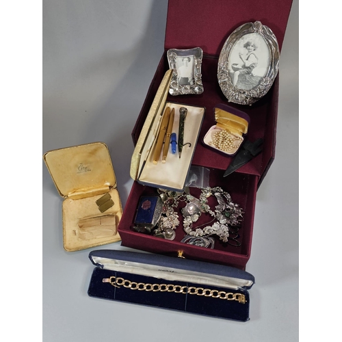 275 - Jewellery box comprising assorted jewellery including: gold plated curb-link bracelet, collection of... 