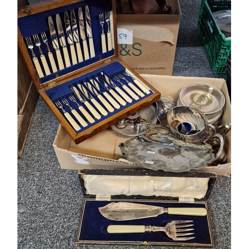 299 - Box of metalware to include: chamber stick, coasters, salver, cased cutlery etc. (B.P. 21% + VAT)