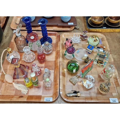 346 - Two trays of assorted glassware to include: paperweights, scent/perfume bottles, blue glass candle s... 