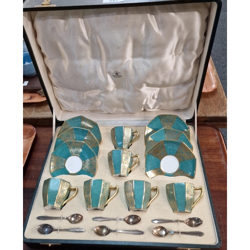 347 - Royal Doulton cased twelve piece green and gilt Art Deco design coffee set with six matching silver ... 