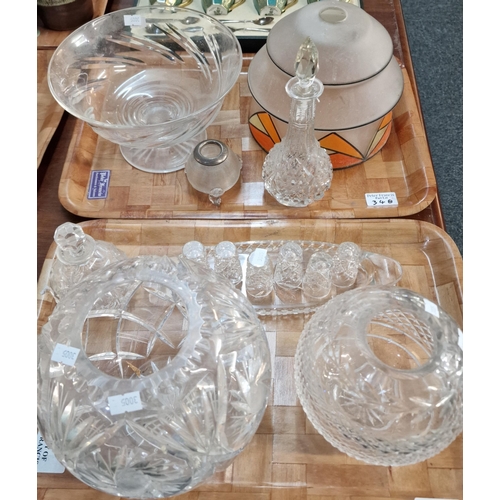 348 - Two trays of glassware to include: cruet set, two globular vases an globular scent bottle and stoppe... 