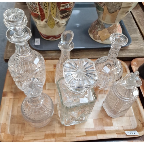 352 - Tray of various decanters: mallet shaped, square section, oil bottle etc. (B.P. 21% + VAT)