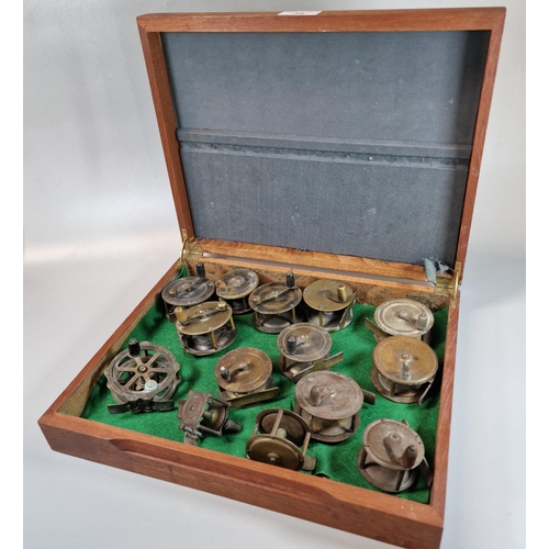 38 - Wooden box containing a collection of vintage small brass and other centre pin fishing reels, variou... 