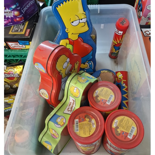 405 - Three boxes of The Simpsons items to include: chocolates, Butterkist popcorn box, tin boxes etc. (B.... 