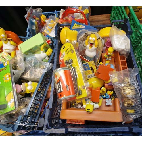 416 - Seven trays of assorted Simpsons figures, various characters, air fresheners, Duff Beer Can AM/FM Ra... 