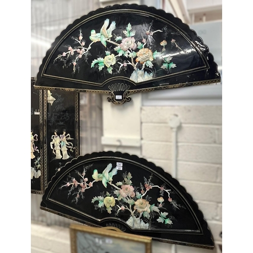 426 - Pair of Japanese design lacquered fan shaped panels, with mother of pearl decoration 59x116cm approx... 