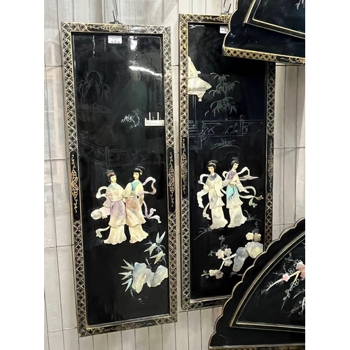 426 - Pair of Japanese design lacquered fan shaped panels, with mother of pearl decoration 59x116cm approx... 