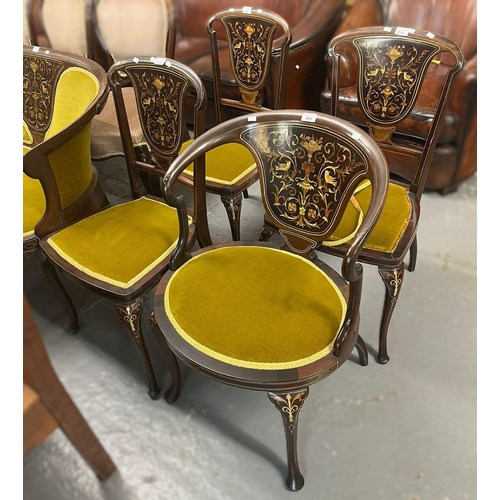 455 - Edwardian mahogany inlaid parlour suite comprising: two seater sofa and an arrangement of chairs. (7... 