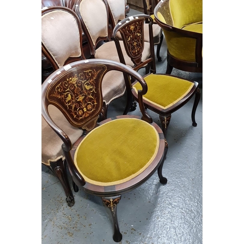 455 - Edwardian mahogany inlaid parlour suite comprising: two seater sofa and an arrangement of chairs. (7... 