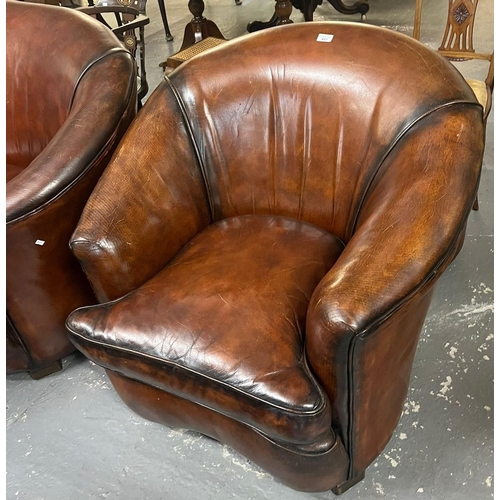 457 - Art Deco style tan leather kidney shaped three piece suite comprising: two seater sofa and pair of a... 