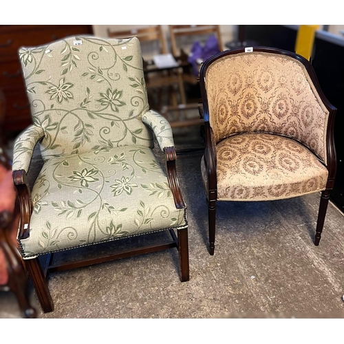 490 - Georgian style mahogany framed library chair together with a Regency style damask upholstered tub ch... 