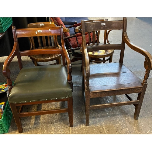 499 - Collection of antique and vintage chairs to include: pair of bentwood elbow chairs, Welsh Georgian b... 