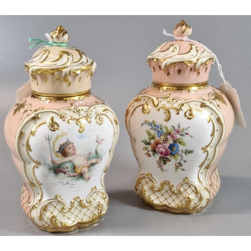 5 - Pair of Mintons porcelain tea caddies, signed by A Boullemier, of baluster form having scrolled cove... 