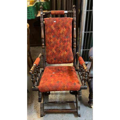 500 - Early 20th century American turned beech rocking chair, with padded upholstery and patent under-fram... 