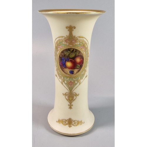 6 - Royal Worcester porcelain trumpet vase, with hand-painted reserves of fruits and gilt decoration, by... 