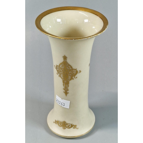 6 - Royal Worcester porcelain trumpet vase, with hand-painted reserves of fruits and gilt decoration, by... 