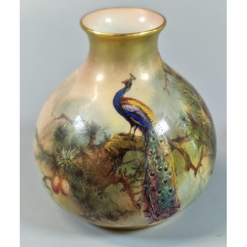 8 - Royal Worcester porcelain baluster vase, hand-painted with Peacock amongst foliage. Signed Jarman. 8... 