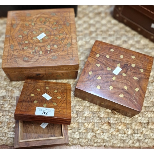 82 - Graduated set of three Indian design and brass inlaid boxes. (3) (B.P. 21% + VAT)