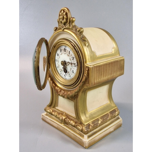 9 - Royal Worcester blush ivory cased single train mantel clock, with enamel face and classical swag dec... 