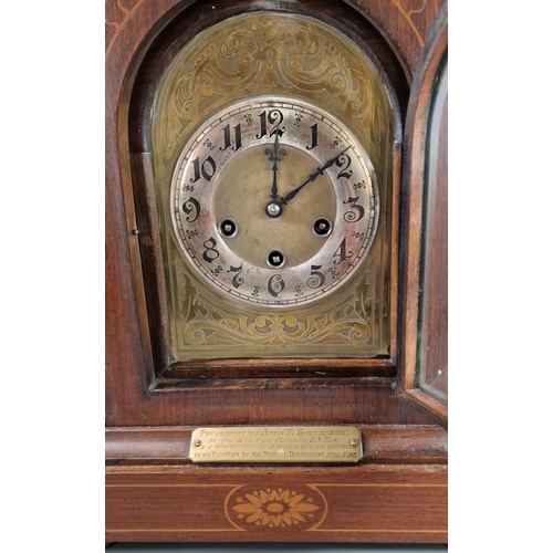 90 - Early 20th century German bracket clock, having brass mounted inlaid arched case, with brass and sil... 