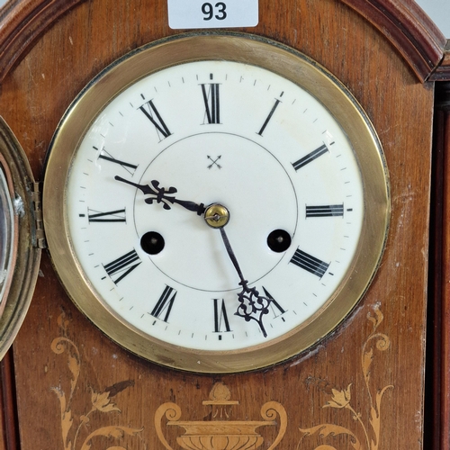 93 - Early 20th century inlaid German two train mantel clock with Roman enamel face. 35cm high approx. (B... 