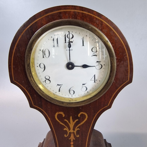 95 - Edwardian inlaid mahogany balloon shaped boudoir clock with white enamel Arabic face. 23cm high appr... 