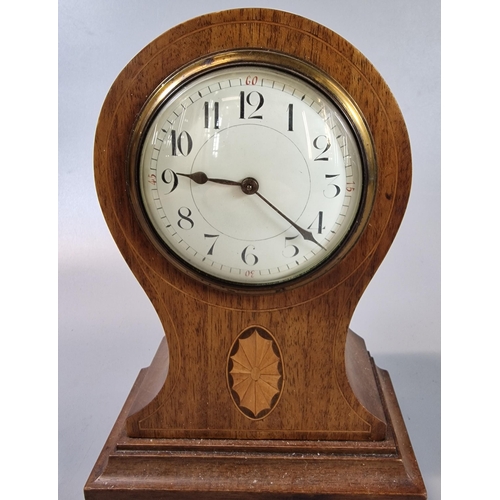 97 - Edwardian inlaid mahogany balloon shaped mantel clock with white enamel Arabic face. 25cm high appro... 