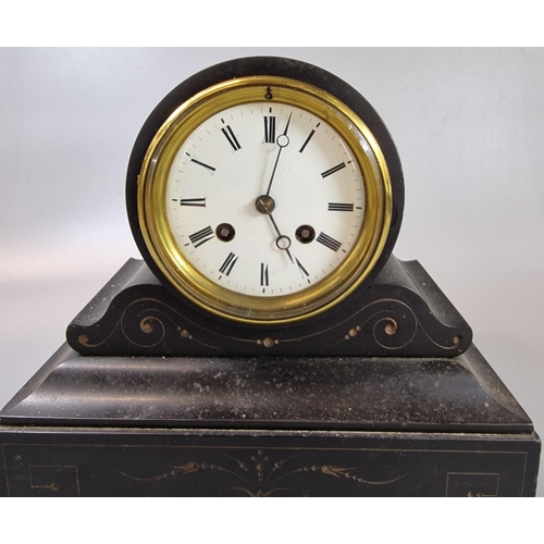 98 - Early 20th century black slate drum head mantel clock, with white enamel Roman face and two train mo... 