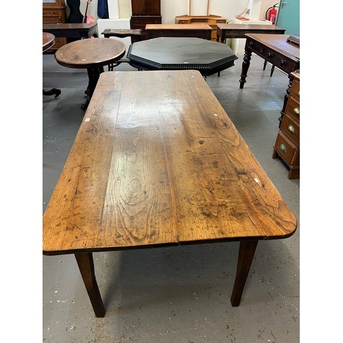 443 - 19th century elm farmhouse table, the moulded and shaped top above three drawers with turned handles... 