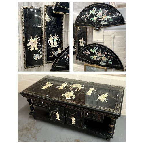 588 - Pair of Japanese design lacquered fan shaped panels, with mother of pearl decoration 59x116cm approx... 