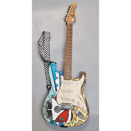 112 - 1970s design six string electric guitar marked in felt 'Kludoman', the body painted with Volkswagen ... 