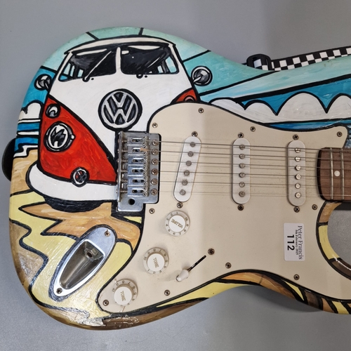 112 - 1970s design six string electric guitar marked in felt 'Kludoman', the body painted with Volkswagen ... 