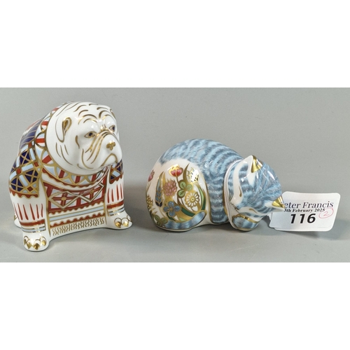 116 - Two Royal Crown Derby English fine bone china paperweights in the form of a British Bulldog and Slee... 