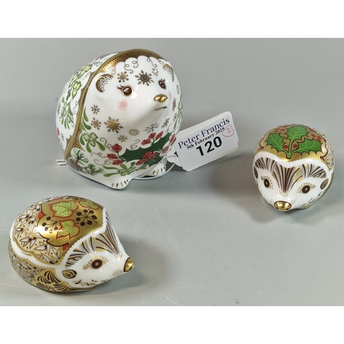 120 - Three Royal Crown Derby bone china paperweights to include: 'Christmas Hedgehog' and two other small... 