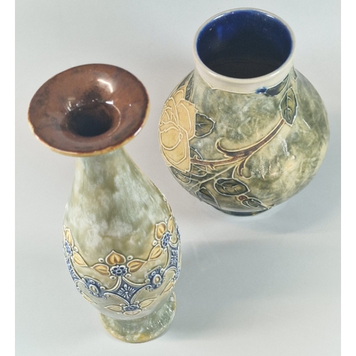 15 - Two late 19th early 20th century Royal Doulton stoneware tube-lined vases, one decorated with roses ... 