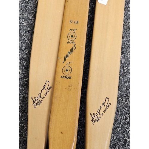 154 - Three wooden bows marked Slazenger and Jaques with Slazenger boxed set of arrows. (B.P. 21% + VAT)