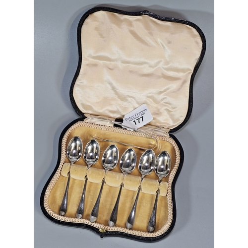 177 - Cased set of six silver teaspoons and a pair of sugar tongs. Sheffield hallmarks. 3.3 troy oz approx... 