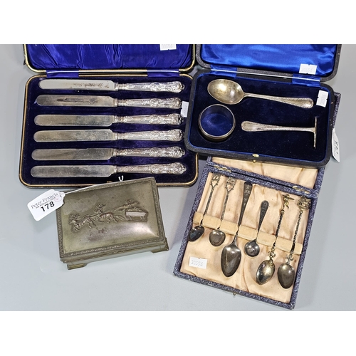 178 - Early 20th century silver cased set of baby pusher, spoon and napkin ring. 2.1 troy oz approx, toget... 