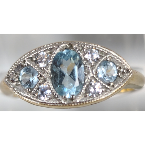 191 - 9ct gold Art Deco style blue and clear cluster ring. 4g approx. Size P1/2. (B.P. 21% + VAT)