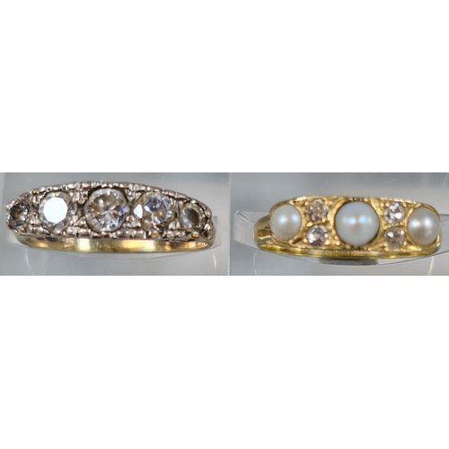 193 - 18ct Victorian gold pearl and diamond ring. 3.2g approx. Size O. Together with a silver five clear s... 