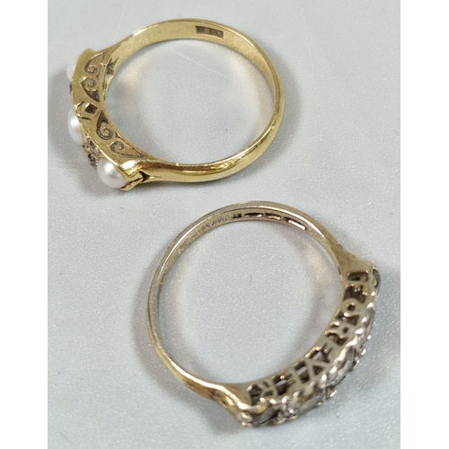 193 - 18ct Victorian gold pearl and diamond ring. 3.2g approx. Size O. Together with a silver five clear s... 