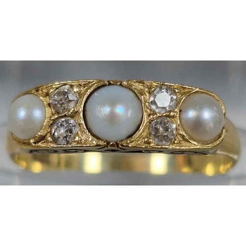 193 - 18ct Victorian gold pearl and diamond ring. 3.2g approx. Size O. Together with a silver five clear s... 