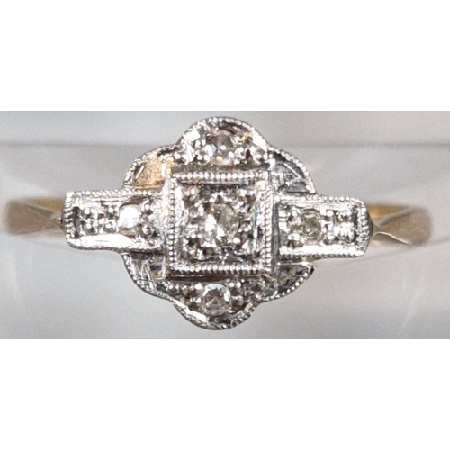 199 - 9ct gold and platinum Diamond Art Deco ring. 1.4g approx. Size L1/2. (B.P. 21% + VAT)