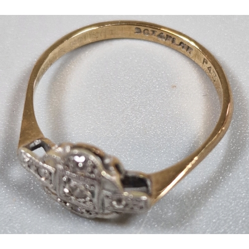 199 - 9ct gold and platinum Diamond Art Deco ring. 1.4g approx. Size L1/2. (B.P. 21% + VAT)