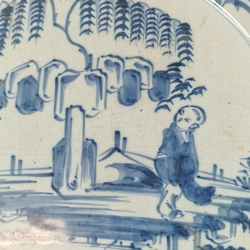 2 - Early 18th century English Delft pottery chinoiserie style blue and white plate, decorated with a fi... 